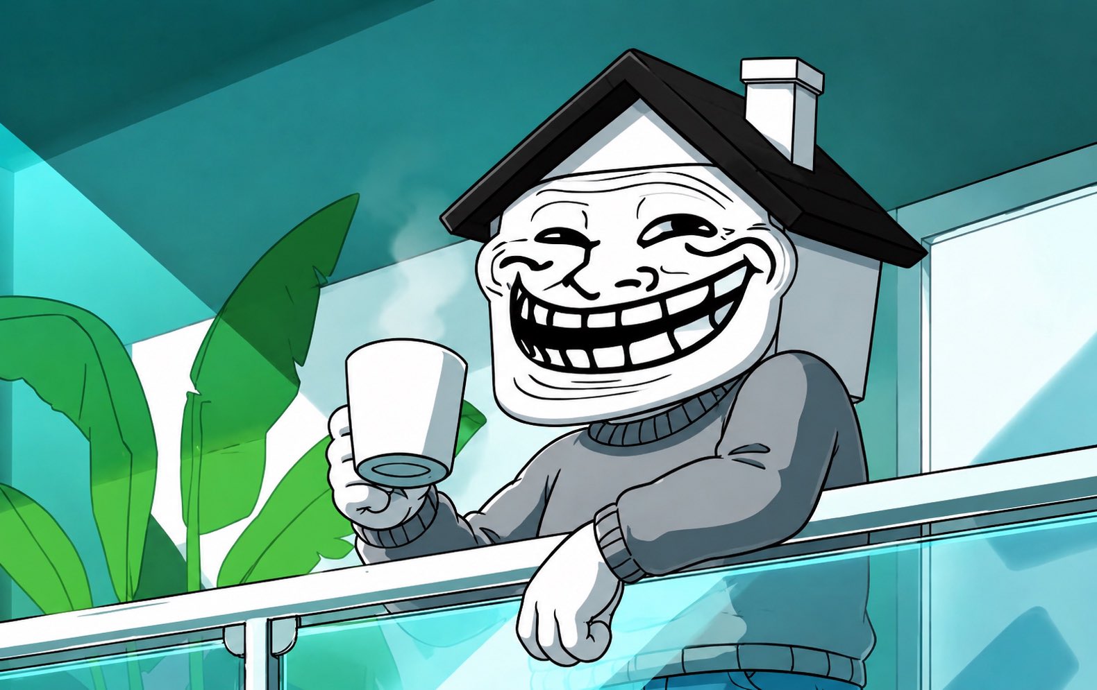 Trollhouse sipping coffee on the balcony