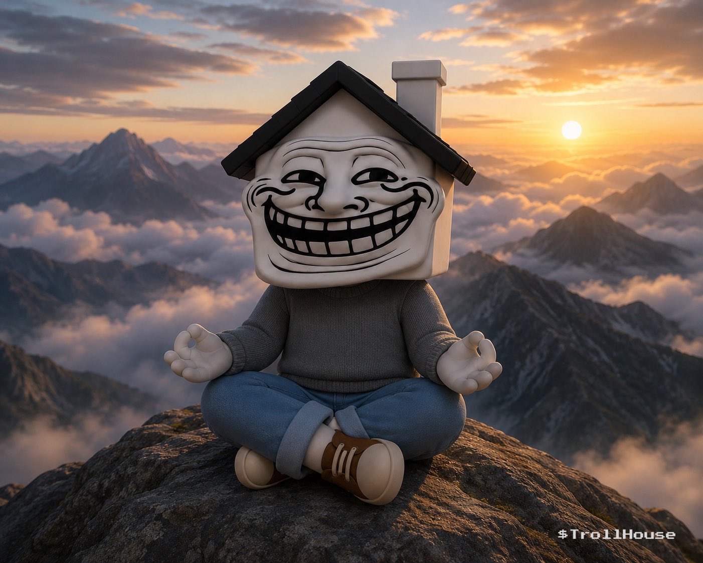 Trollhouse meditating on a mountain peak at sunrise